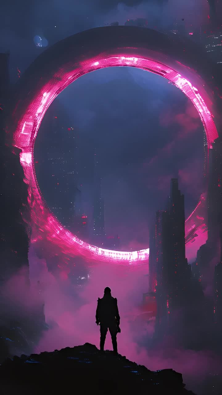 一个人影站在岩石露头上，仰望着天空中漂浮的巨大环形