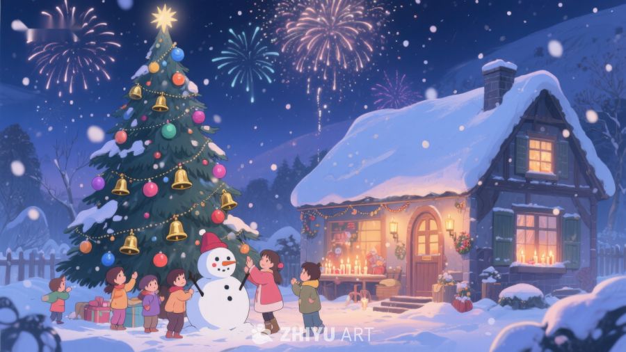 冬夜雪景中的圣诞树与温馨小屋 124