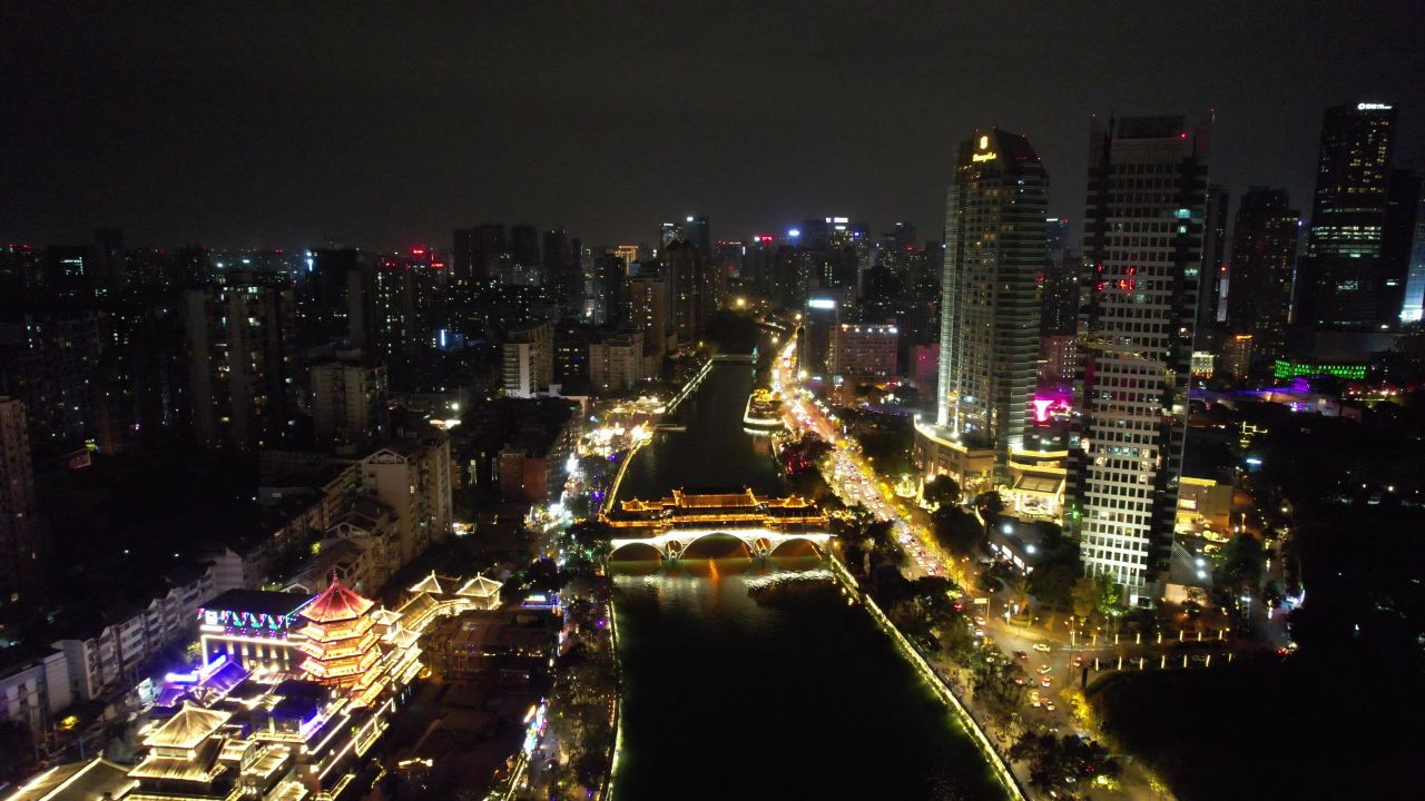 成都安顺廊桥夜景灯光航拍