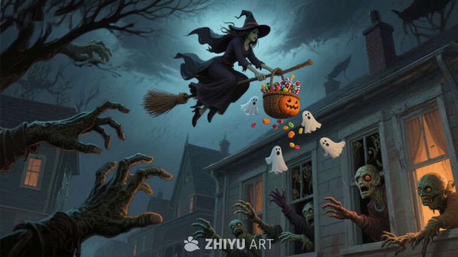 万圣节女巫飞行，僵尸手伸向糖果