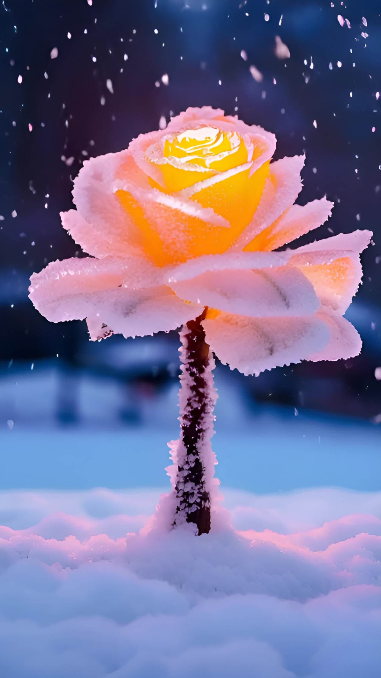 一朵黄色和粉色的玫瑰花被雪覆盖，花茎和周围的雪地上