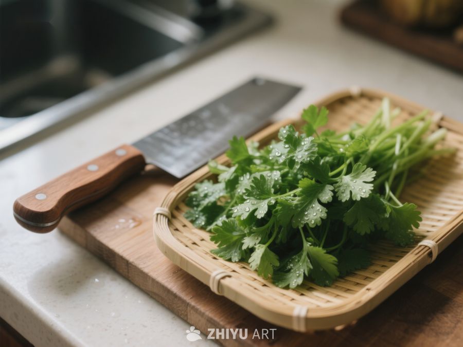 新鲜香菜与刀具置于竹篮木板上 543