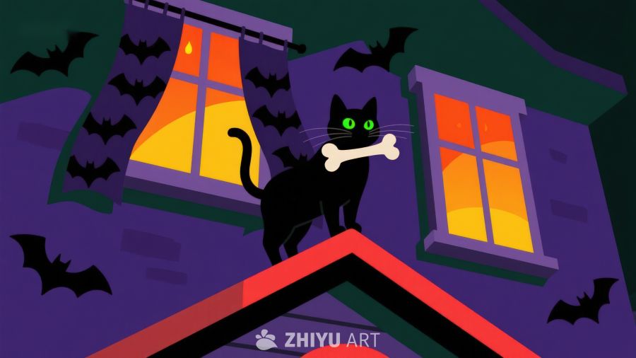 黑猫叼骨屋顶上，夜幕蝙蝠环绕屋