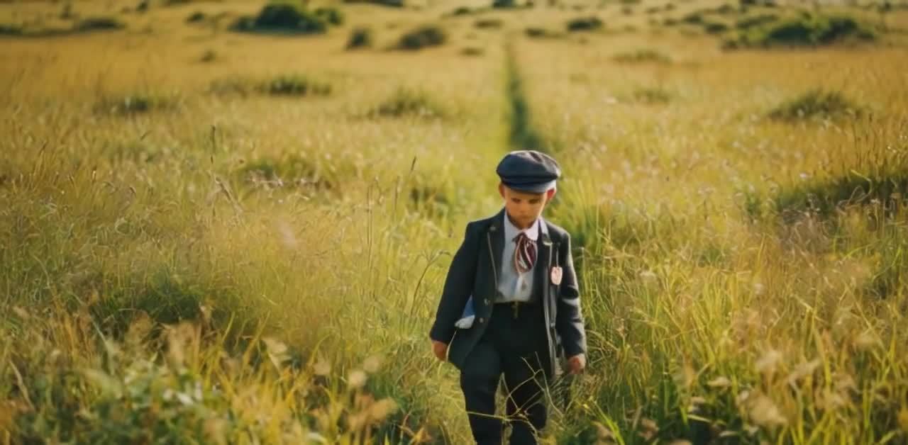 身着西装的小男孩在金黄色草地里走着。
