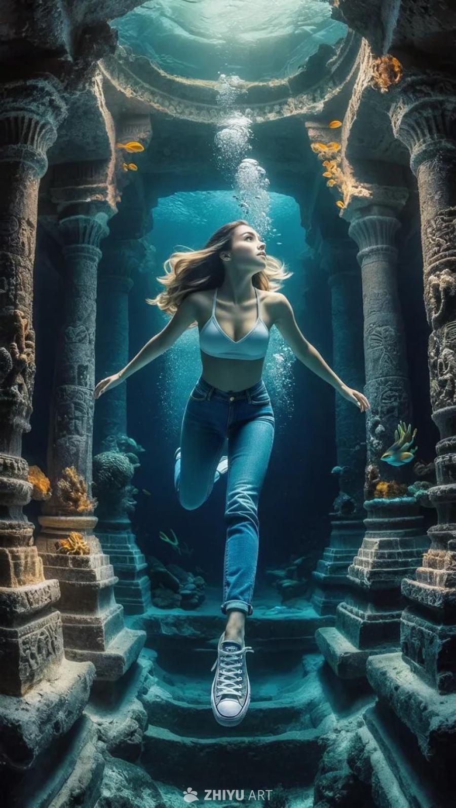 一位身穿蓝色牛仔裤和白色休闲鞋的女子，在水下的一座