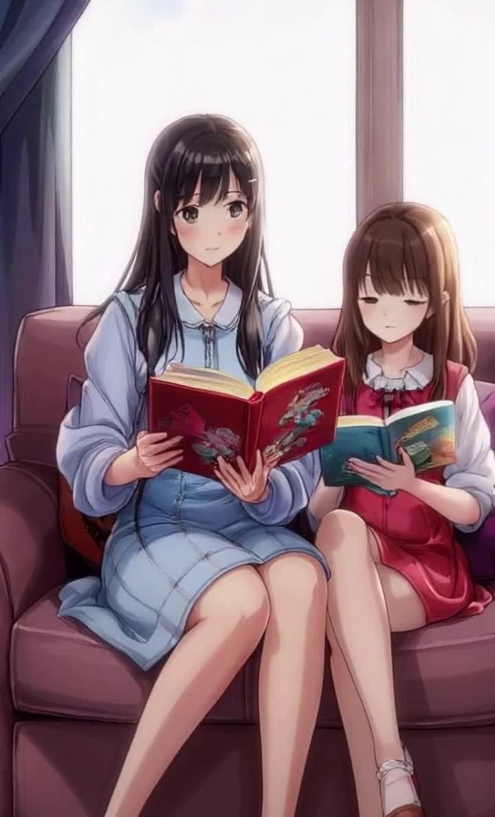 两位女孩沙发读书，卡通风格温馨画面。
