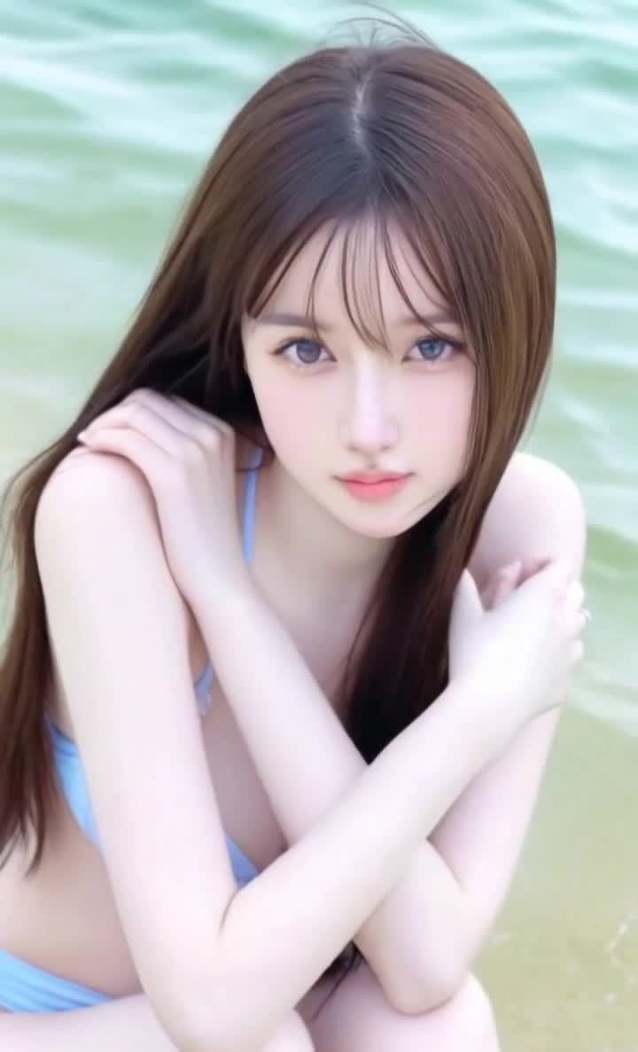 海滩上的棕发蓝衣女子，姿势优雅眼神迷人