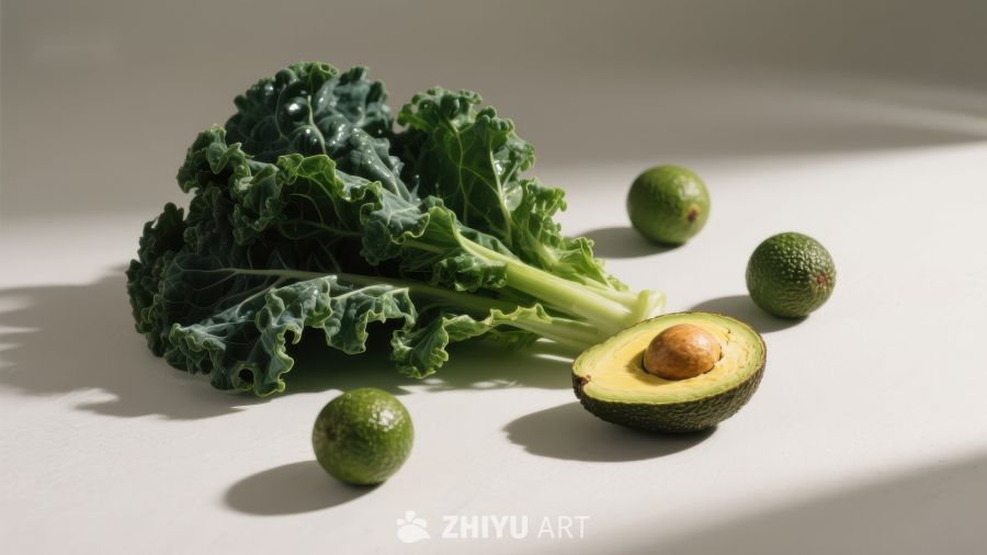 新鲜绿叶蔬菜与牛油果
