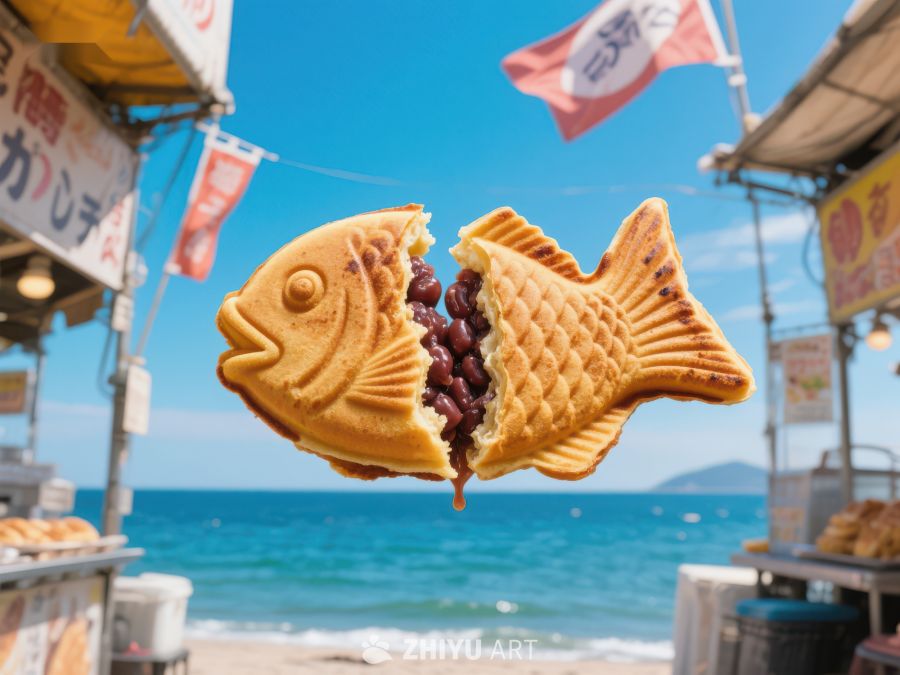 海边摊位上的鱼形红豆饼