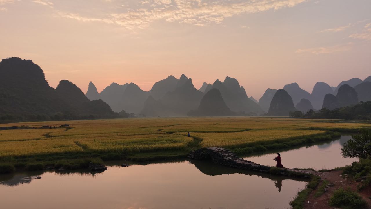 小桥田野山脊拥抱这片金色海洋稻田日出
