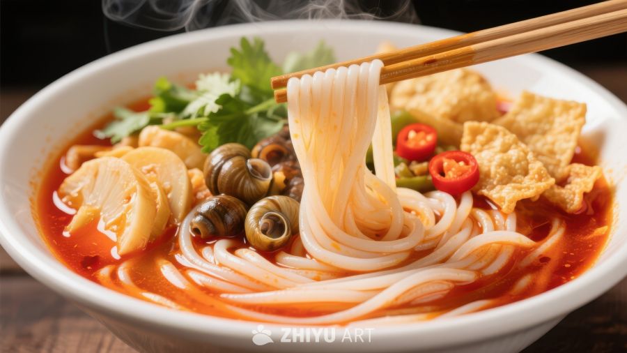 热腾腾的螺蛳粉，搭配脆皮豆腐和香菜