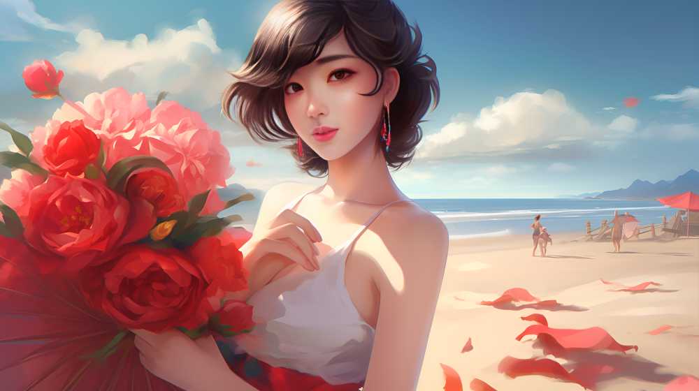 手拿花花的插画美女