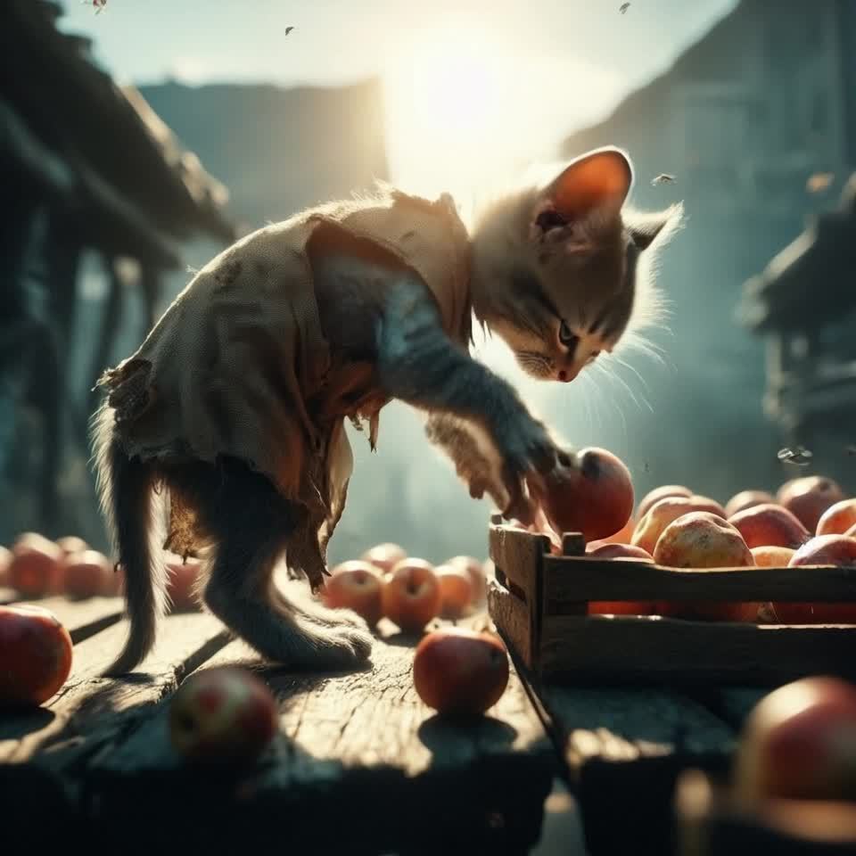 一只穿着破烂衣服的小猫弯腰站在一个木箱旁，用爪子整