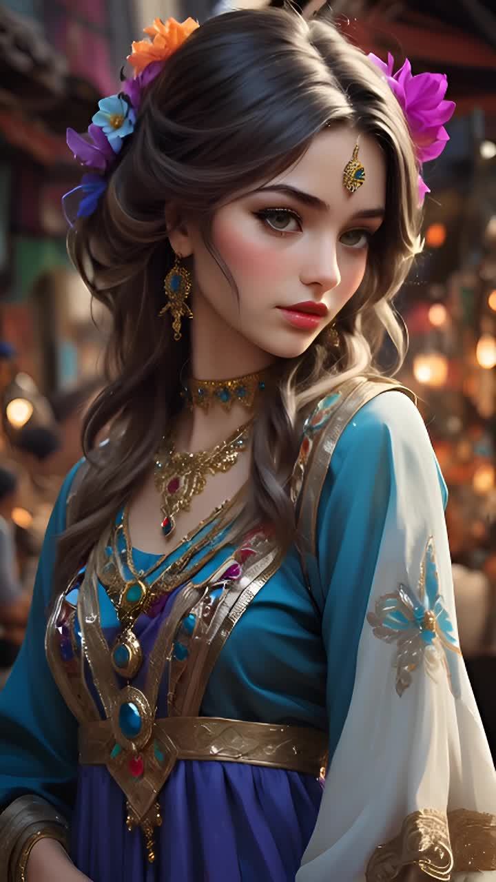 一个穿着蓝色和白色长袍的女性，戴着金色首饰，头发上
