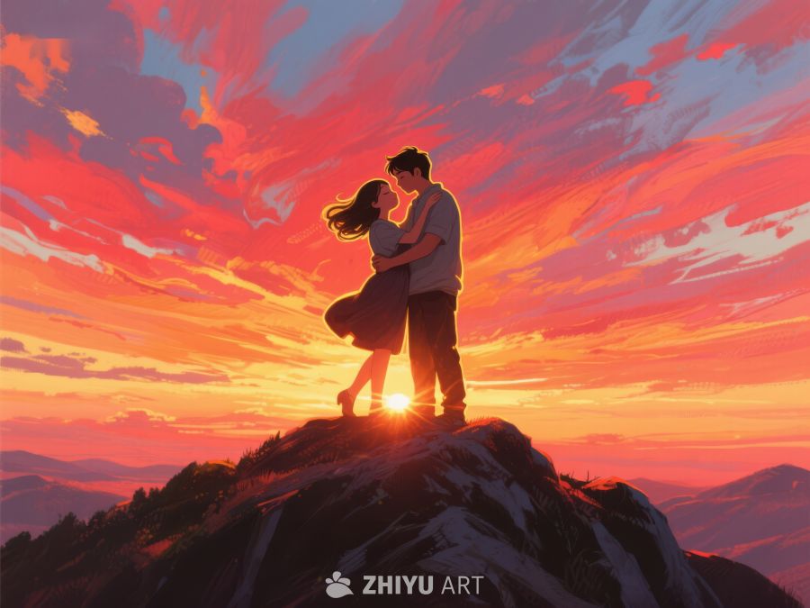 山顶情侣拥抱，夕阳映照 654