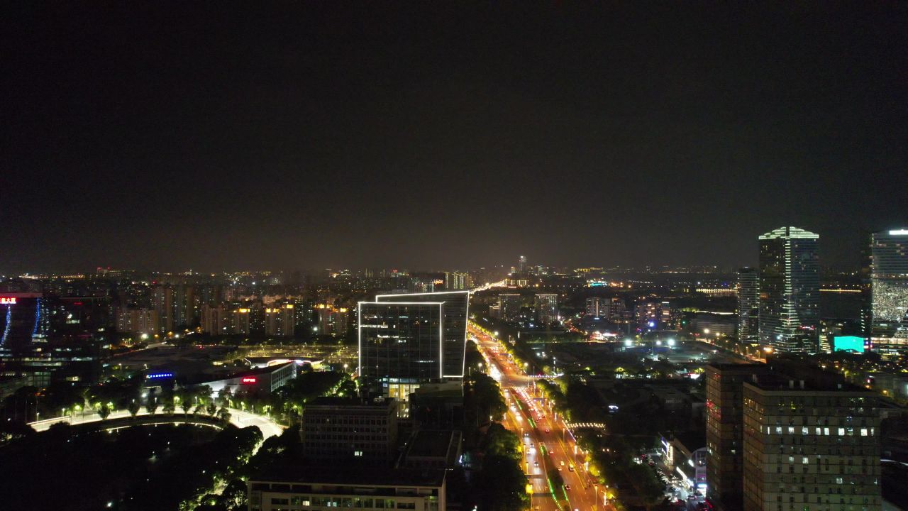 江苏苏州工业园区夜景灯光航拍 