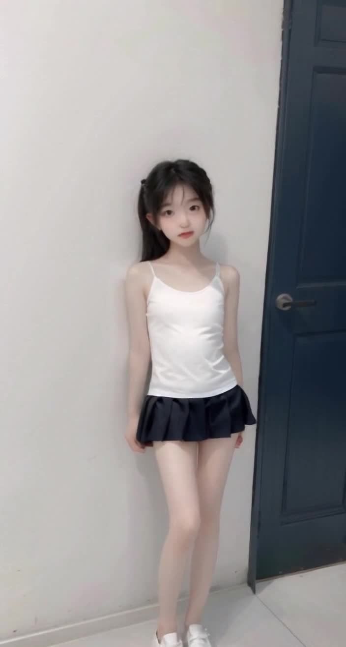 马尾女孩靠墙微笑，身着吊带裙清纯可爱。