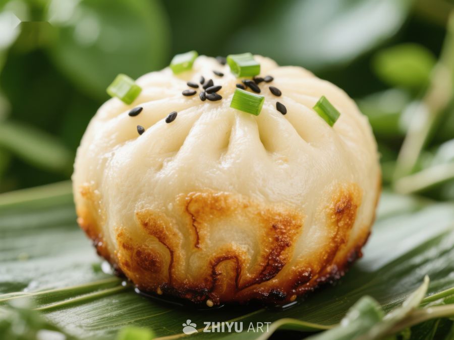 金黄煎饺，点缀葱花与芝麻 458