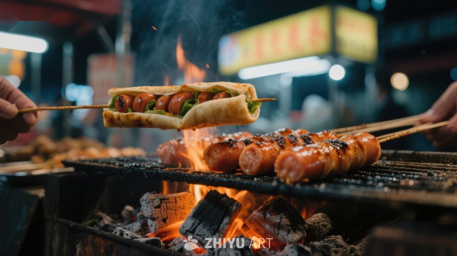 夜市烤肠美食，炭火炙烤香气四溢