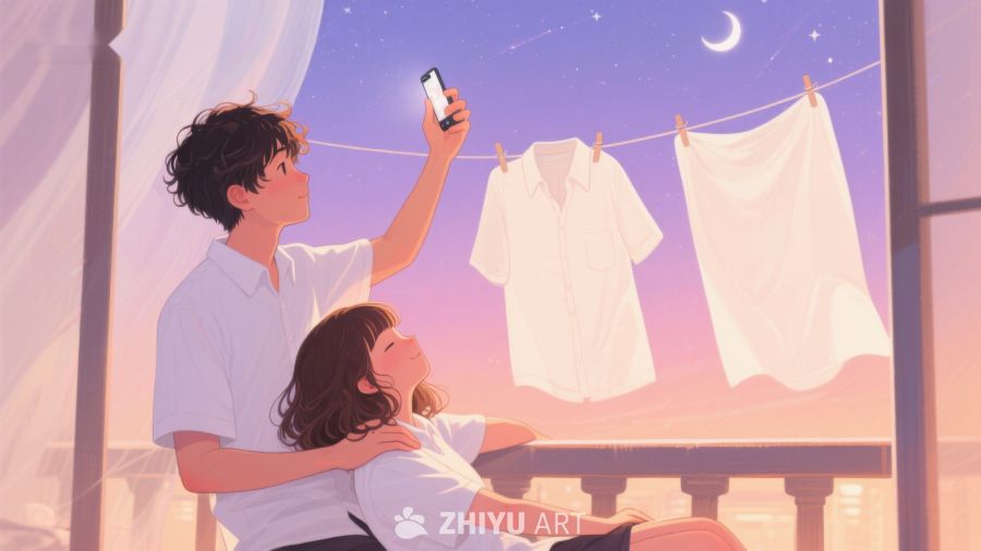 夜空下晾衣的温馨时刻 561