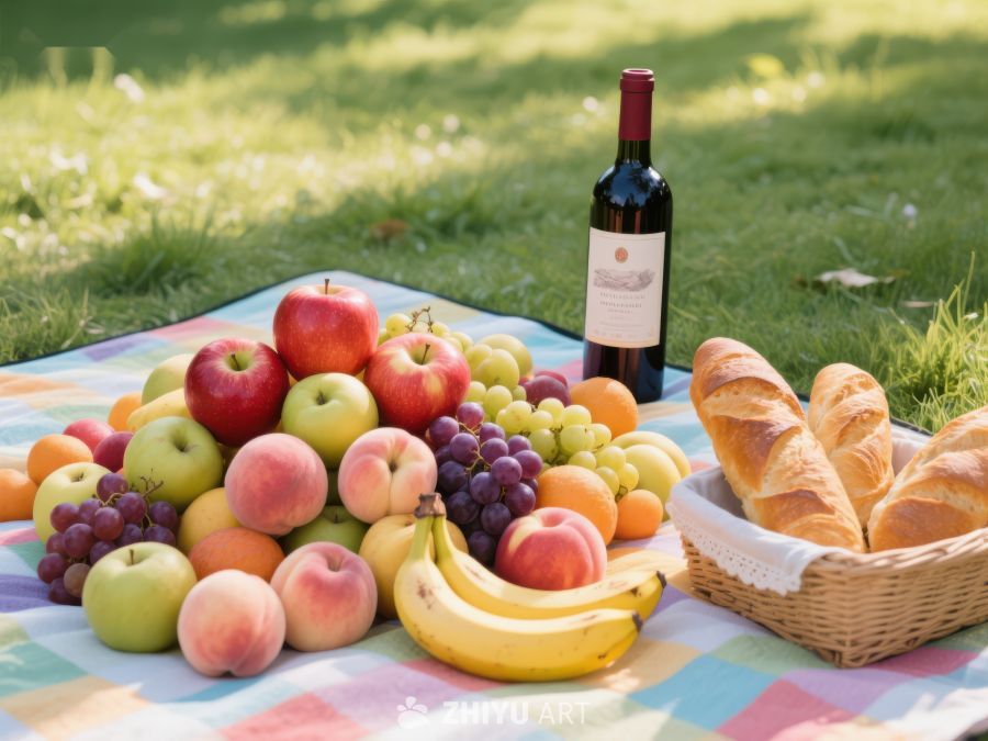 户外野餐布置：水果、面包与红酒 282