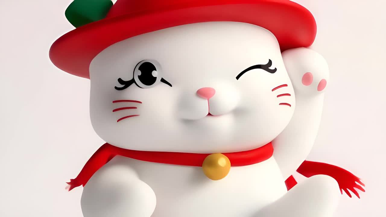 一只卡通风格的白色招财猫，戴着一顶红色帽子，帽子上
