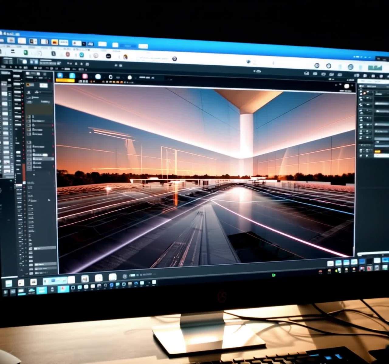 电脑屏幕上显示3D建模软件界面，界面上的线条和形状