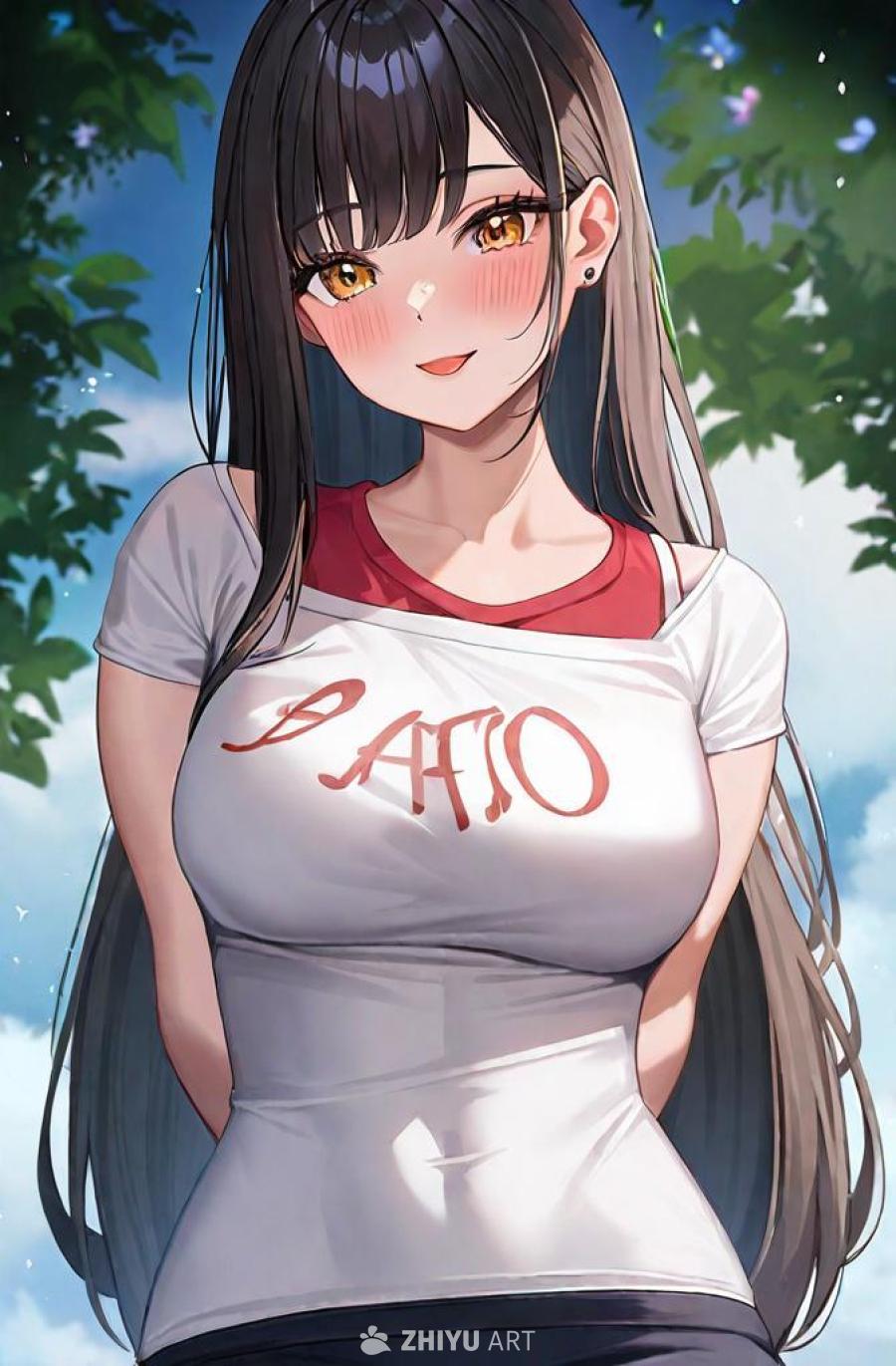 一名年轻女子，穿着一件紧身的船领衬衫，衬衫上写着“