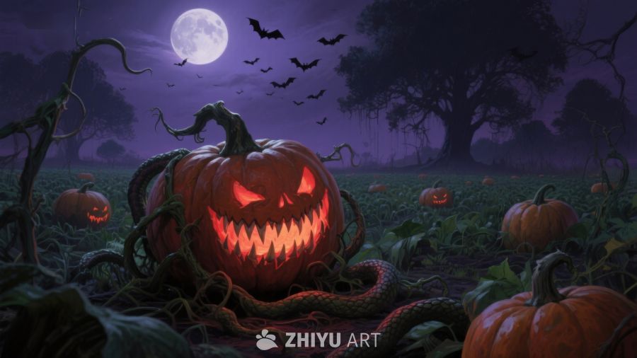万圣节南瓜灯在月夜森林中发光