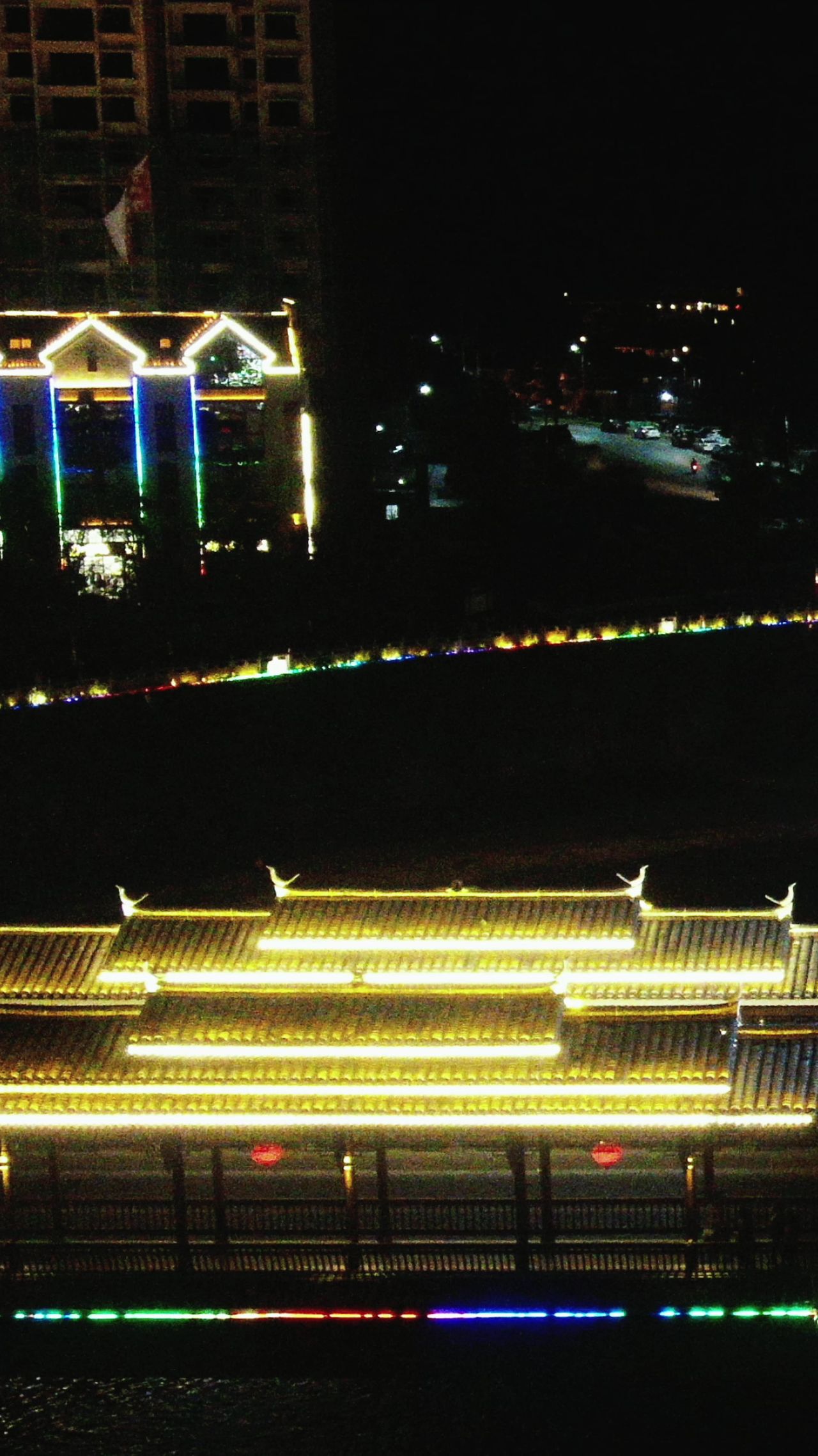 城市航拍侗族特色建筑风雨桥夜景竖屏 