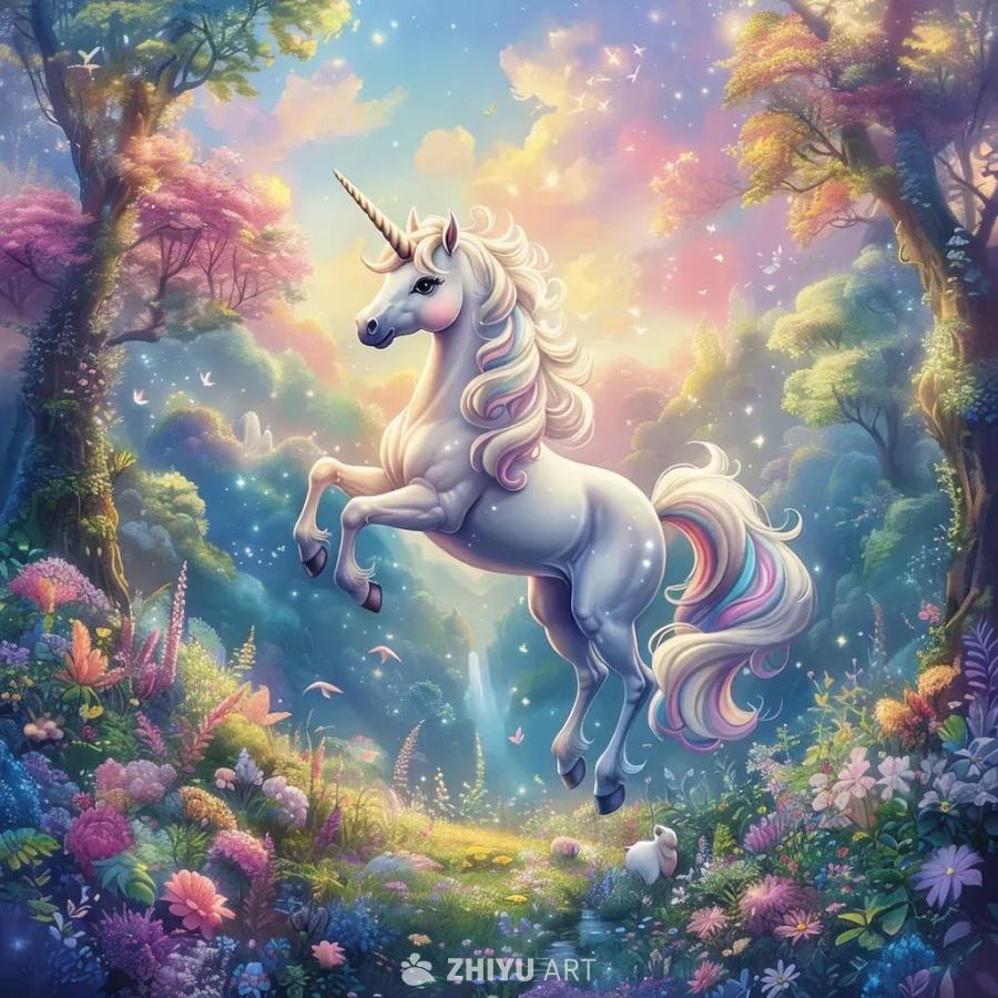 一只白色的独角兽悬浮在梦幻般的彩色风景中。独角兽有