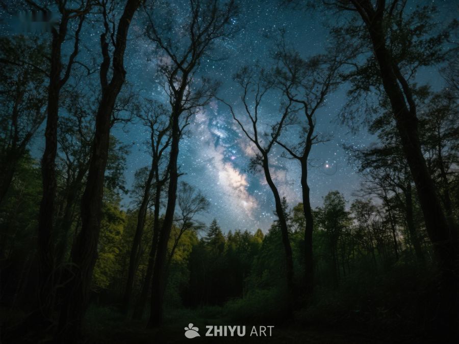 夜空下的森林，银河闪烁 358
