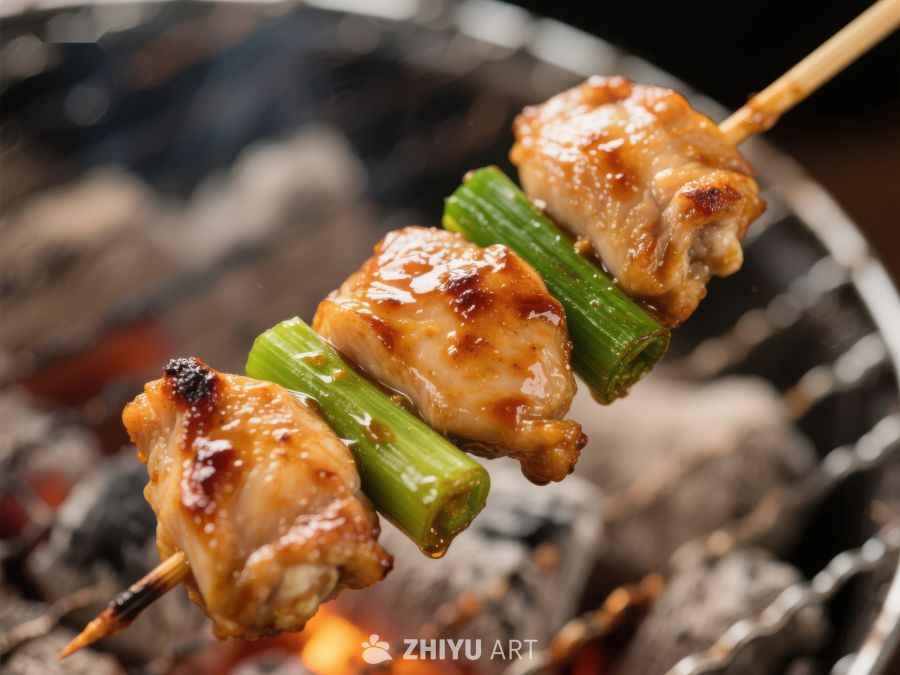 烤鸡肉串与青葱在炭火上烧烤 112