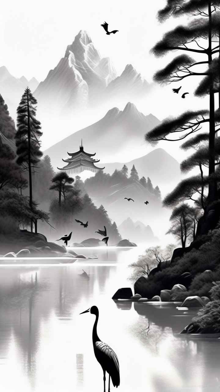 国风山水鹤插画背景 22