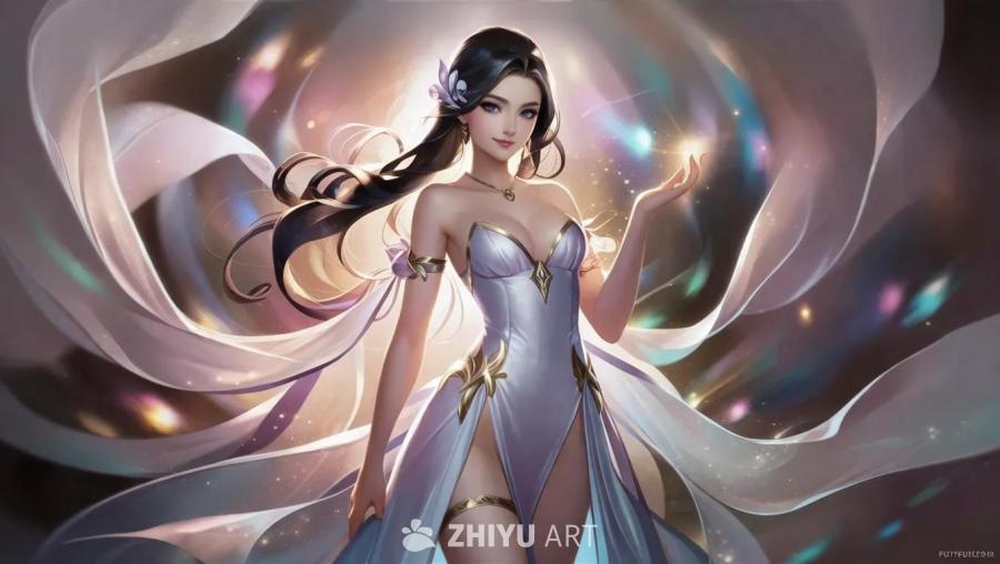 一位穿着精致礼服的女性站在模糊的彩色背景前。她长长