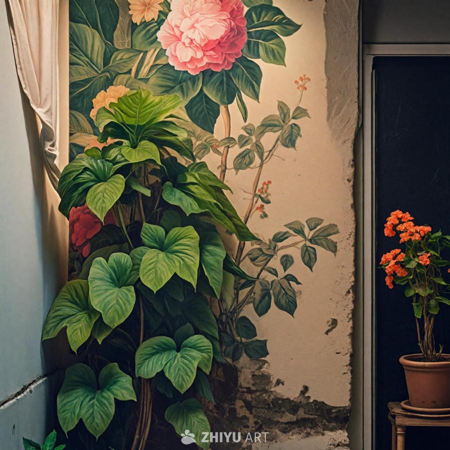 墙上装饰着花卉图案，营造出充满活力的氛围。一盆盆栽