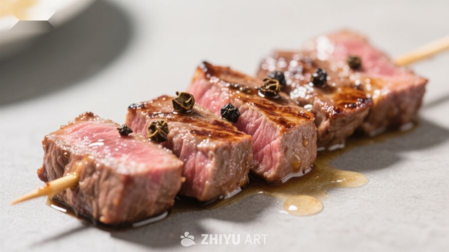 烤牛肉串，撒上香料和盐