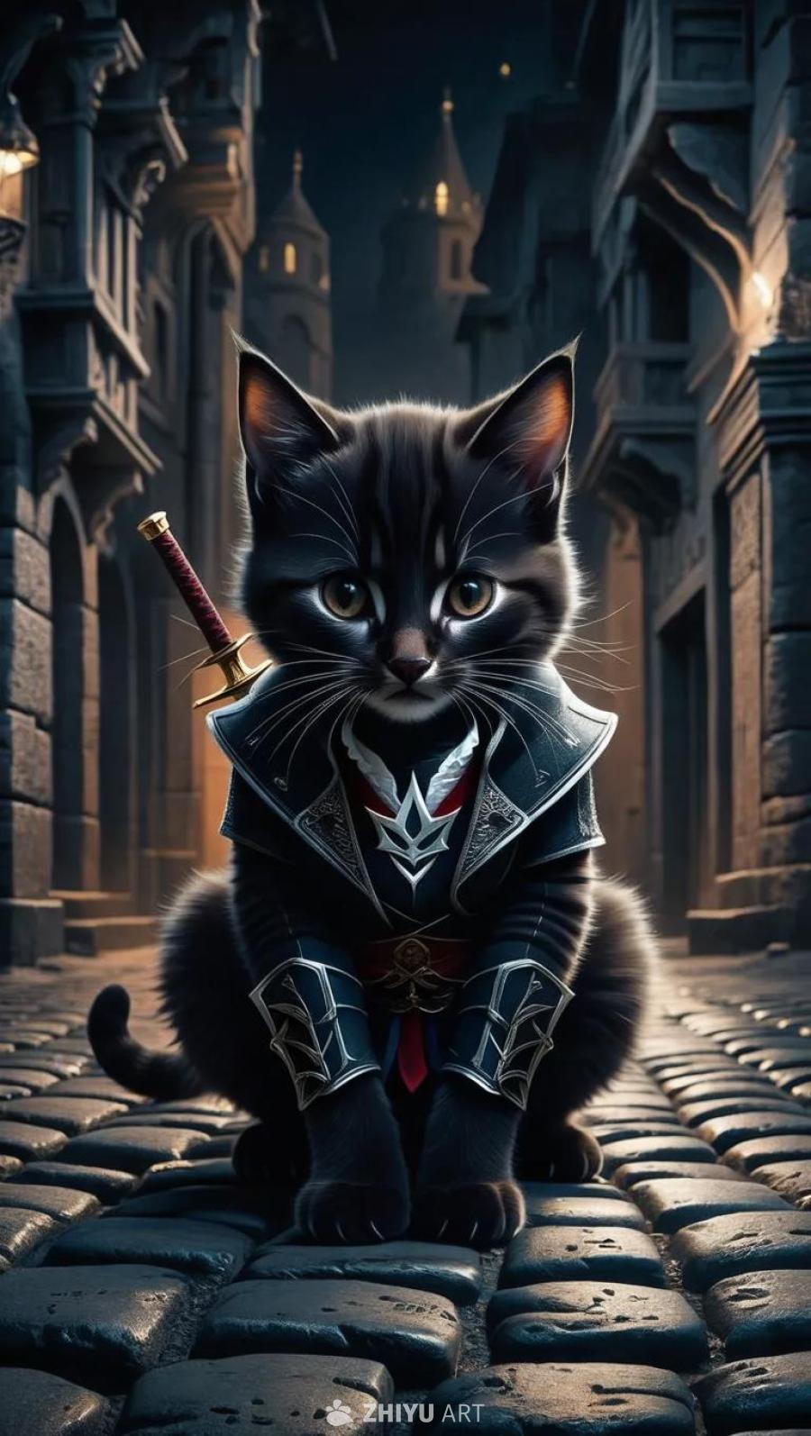 一只黑猫坐在鹅卵石街道上，穿着类似刺客信条的服装，
