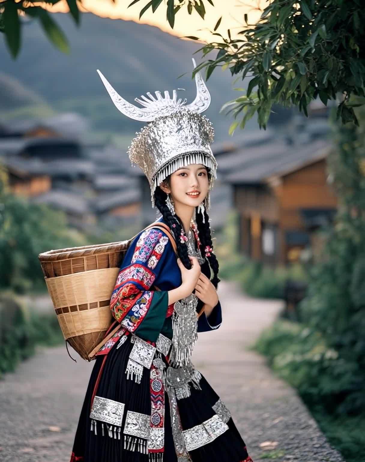苗族少女着传统服饰，笑容甜美，背篓行走于村落。