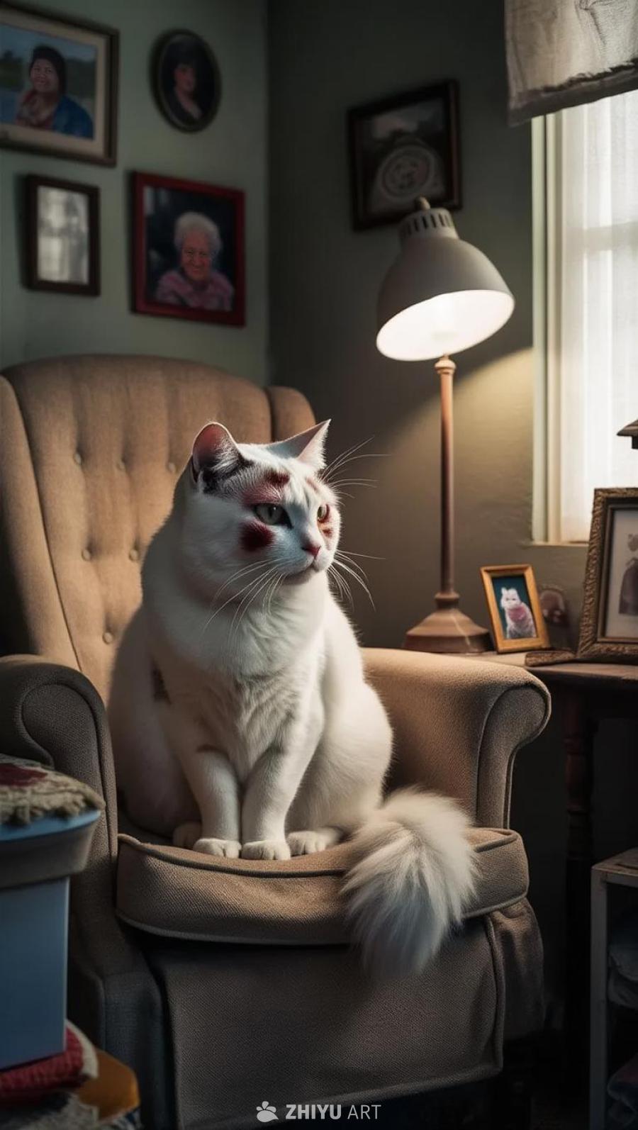 一只白色的猫坐在一个扶手椅上，它的眼睛看起来有点失