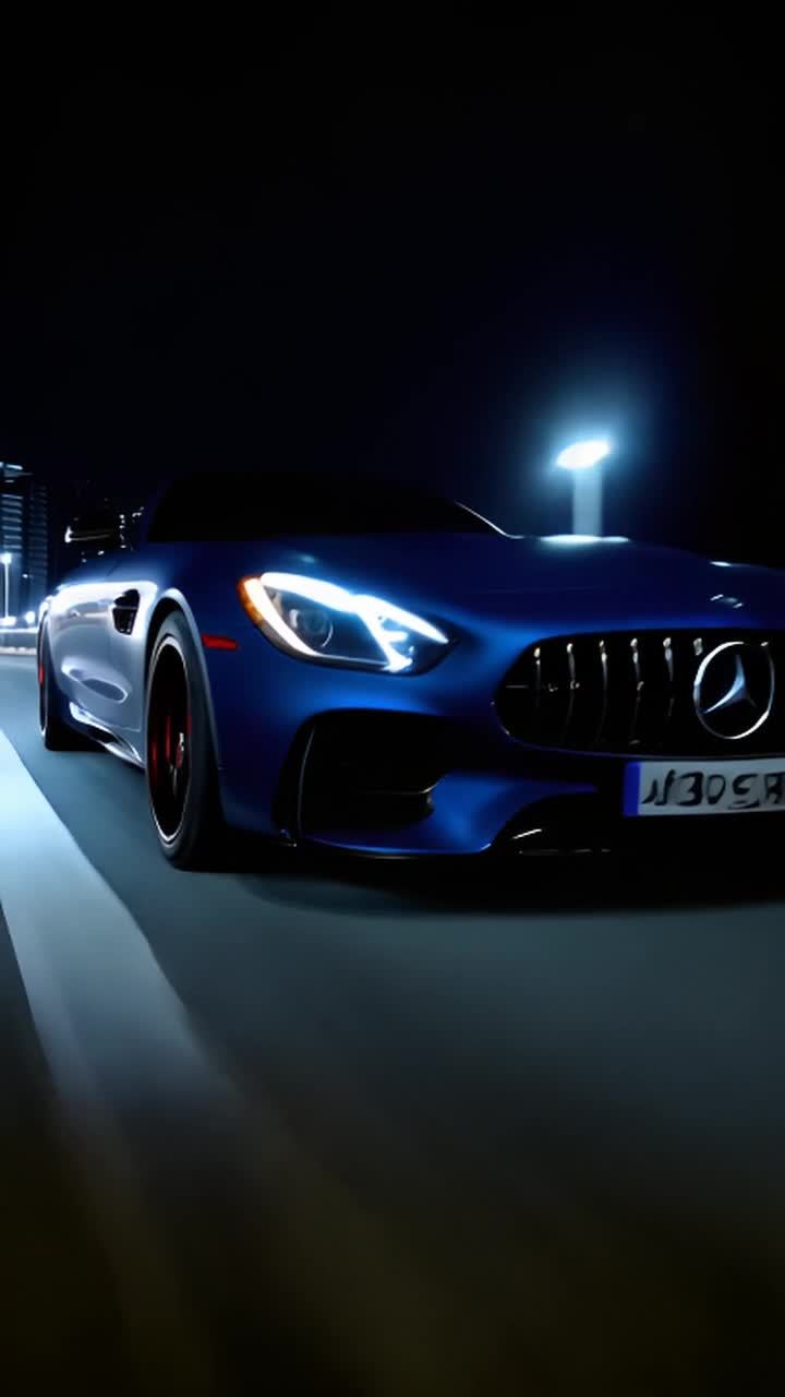 一辆深蓝色梅赛德斯AMG GT从漆黑的车库中驶出，