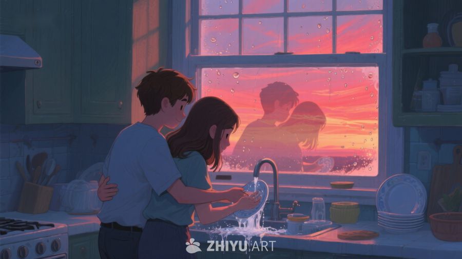 厨房温馨时刻，窗外夕阳映照 33