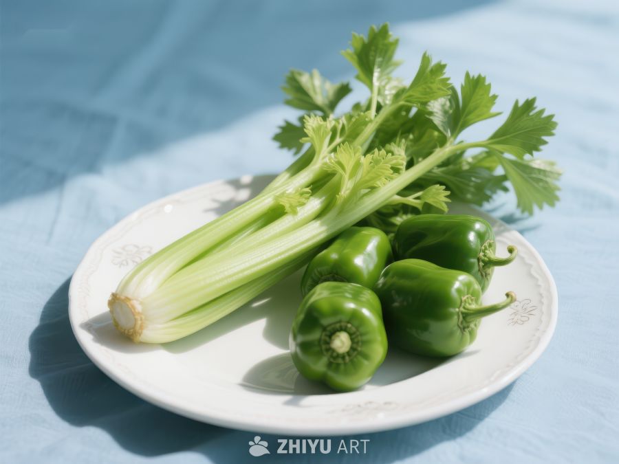 新鲜芹菜与青椒盘中摆放 588