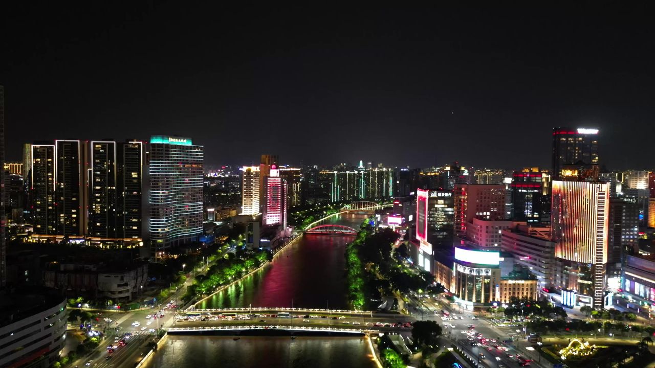  航拍浙江宁波城市夜景奉化江