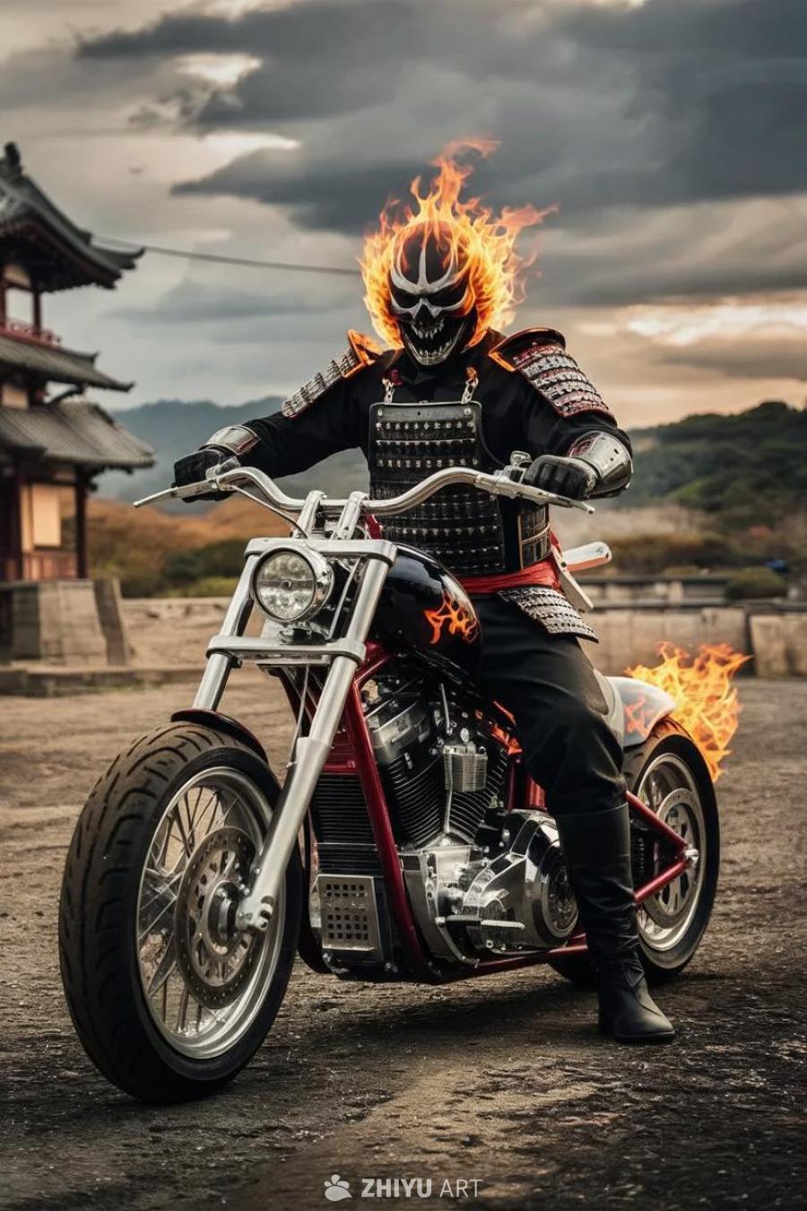 一名穿着武士盔甲的恶灵骑士骑着一辆太子摩托车，摩托