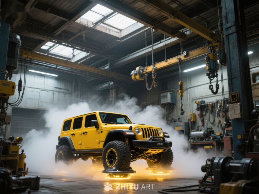黄色越野车在工业车间展示 167