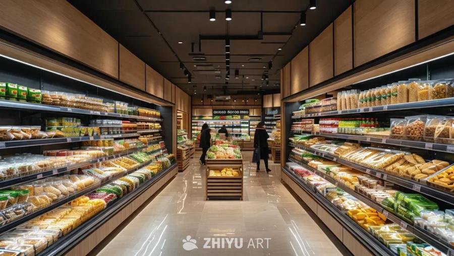 一家大型超市内部，货架上摆满了进口食品材料。人们在