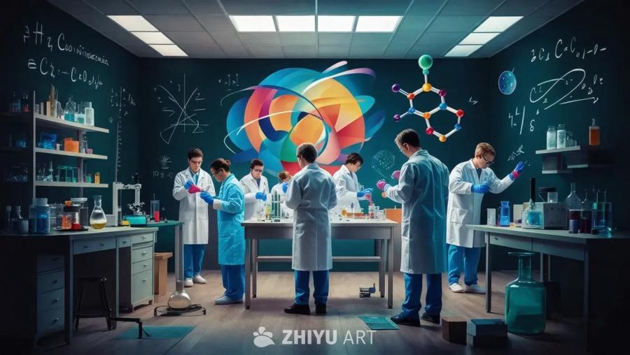 实验室里，多名身穿白色或蓝色实验服的科学家正在进行