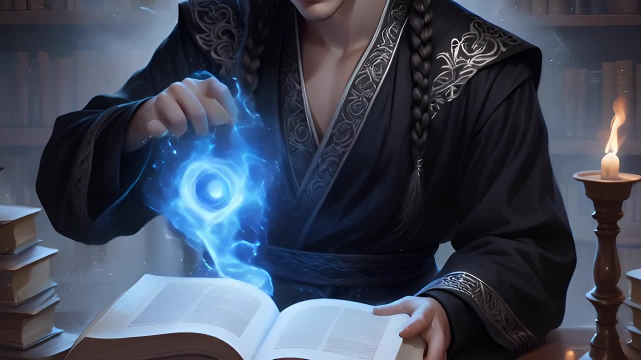一名穿着黑色长袍的人正在摊开的书籍上方操控着一个蓝