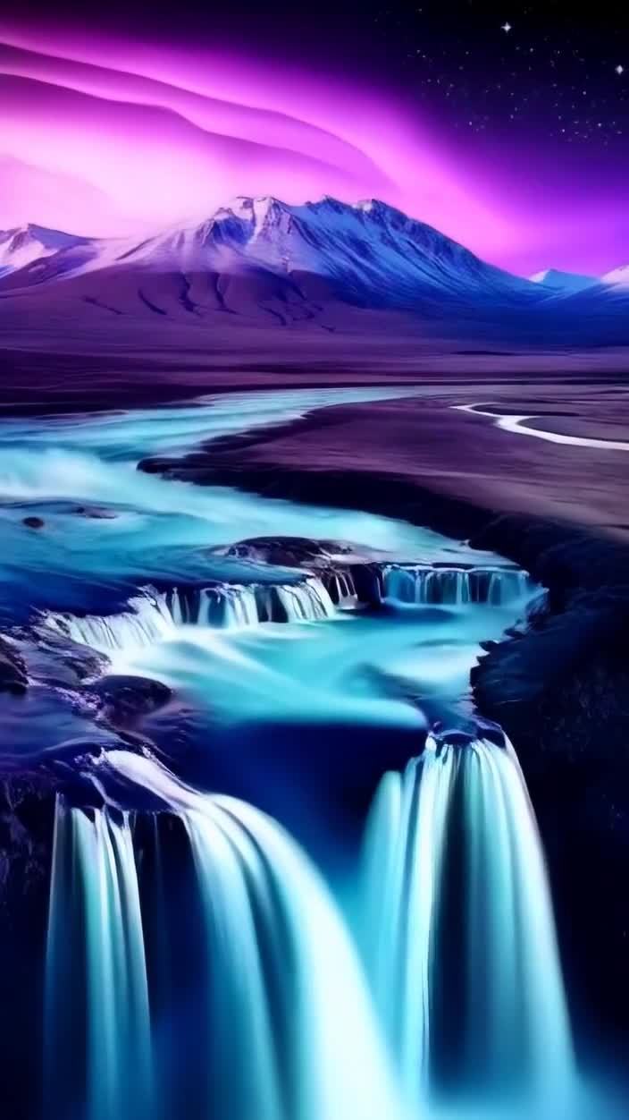 蓝白色瀑布倾泻，紫色的夜空和雪山相映成趣。